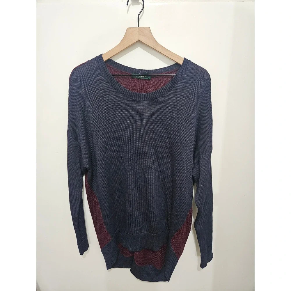 Lauren Ralph Lauren Navy Blue Burgundy Colorblock Knit Sweater Womens Large